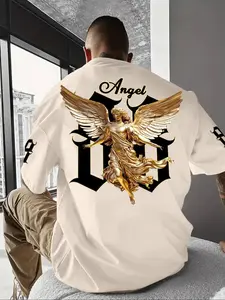 Men's Gold Angel Print Short Sleeve T-Shirt, Art Sculpture Texture Street Style, High-End Visual Appeal, Loose-Fitting Long Clothing