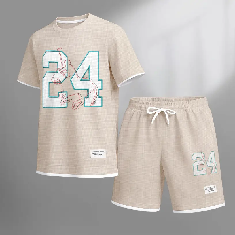 Men's No. 24 print drawstring shorts set for spring/summer, a casual summer outfit including a short-sleeved shirt and shorts, suitable for everyday wear and sports. A two-piece set for a relaxed and energetic lifestyle.