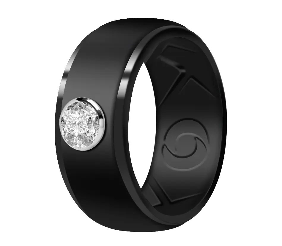 Silicone Wedding Rings for Men  - Black Promise Ring With Stone, Comfort Fit Engagement Band for Gym, Travel, Work | Non-Metal Raised Design with Inner Texture