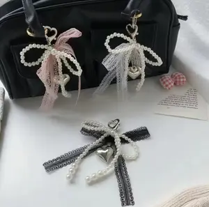 Coquette Pearl Bow Bag Charm & Keychain Lace Heart Purse Accessory with Elegant Pearls and Delicate Lace Details for Coquette Balletcore and Vintage Aesthetics