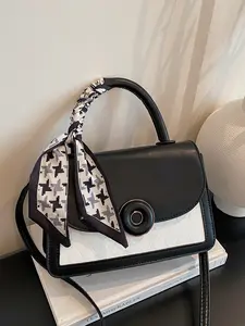 Square Flap Bag with Buckle and Silk Scarf Decoration, Stylish Square Design, Secure Closure, Multi-Function Ladies Shopping Bag, Perfect for Daily Office or Gifts for Mom