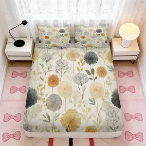 3pcs Floral prints on beige backgroundbedding set(1*Fitted Sheet + 2*Pillowcase, Without Core)+Soft comfortable and breathable Suitable for bedroom guest room hotel dormitory rooms