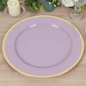 10-Pack Economy Plastic Charger Plates 12" Round Lavender Lilac with Wide Gold Rim - Dinner Party Serving Plates