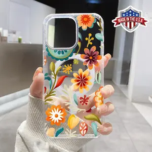 Vintage Orange Blossom Pattern Magnetic Phone Case Supports Wireless Charging for iPhone 15 16 14 Pro Max 13 12 11 XR XS Plus E Shockproof Non Slip Protection Silicone Transparent Acrylic Large Hole Cover Cellphone Protective