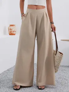 Elegant Plus Size Women's Plain Straight Leg Wide Leg Pants, Casual Fitted Long Trousers, Comfortable and Stylish Fashion, Casual Bottom