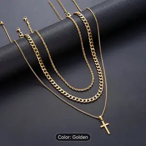 Stainless Steel Cross Necklaces Set of Three Golden Three-Layer Mena Fashion Jewelry - menswear,