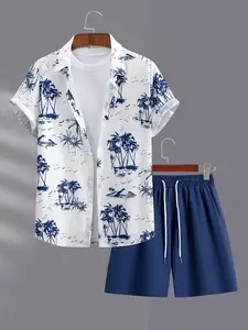 Men's Coconut Tree Print Shirt & Shorts Set, Regular Fit Casual Short Sleeve Button Up Top & Drawstring Waist Shorts, Men's Summer Outfits