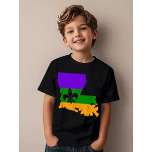 Distressed Mardi Gras Fleur De Lis Novelty Awesome Graphic Kid T-Shirt Casual Kid T Shirts Trendy Cool Tees Tops for Kid