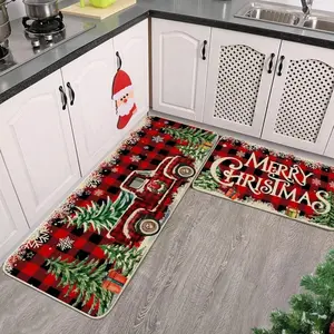 ‌Farmhouse Christmas Kitchen Mats Set of 2 - Red Buffalo Plaid Xmas Rugs for Indoor Decor Bathroom Home Holiday Floor Coverings‌ Non Slip Rugs Home Decorative Rug