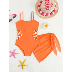 New(New)Solid Color Flower Hollow Girls Swimsuit Adjustable Straps One-Piece Girls Swimsuit Beach Wrap Dress Girls Clothing Suitable for 10-12 Years Old Girls Clothes