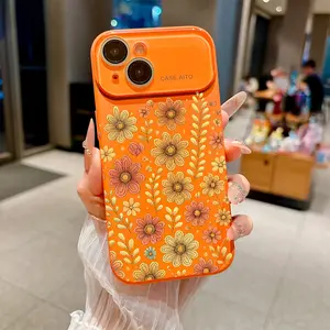 Vintage orange floral daisy pattern with autumn leaves Suitable for iPhone 17 16 15 14 13 12 Mini Plus Pro ProMax Dopamine-hue silicone case—slim, shockproof, full camera protection, microfiber-lined. Minimalist & fresh.