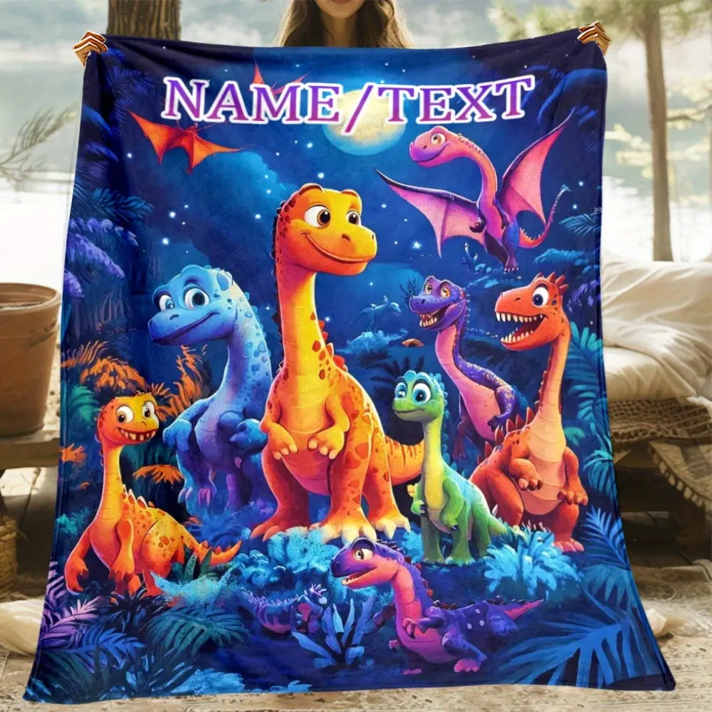 Customized 1pc of a Personalized Cartoon Dinosaur Design HD Printed Blanket - a Lightweight Flannel Throw Suitable for Sofa, Bed, Travel, Living Room, Office, And Couch - a Digital Print Fleece Blanket Made of Soft And Warm Flannel Fabric