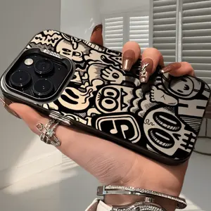 High-end black graffiti pattern laser frosted mobile phone case suitable for iPhone11 12 13 14 15 16 17  XS XR X 7 8 6s Mini Plus Pro Max SE series, suitable as a gift for girlfriend, boyfriend, friend or yourself