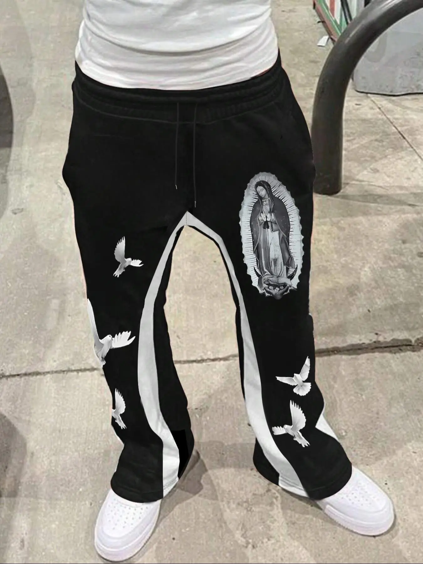 Men's Colorblock & Dove Print Drawstring Waist Flare Leg Pants, Regular Fit Casual Pocket Bell Bottom Trousers for Fall & Winter, Men's Bottoms for Daily Wear, Casual Fashion Trousers, Casual Street Pants, Black And White, Casual Street Style