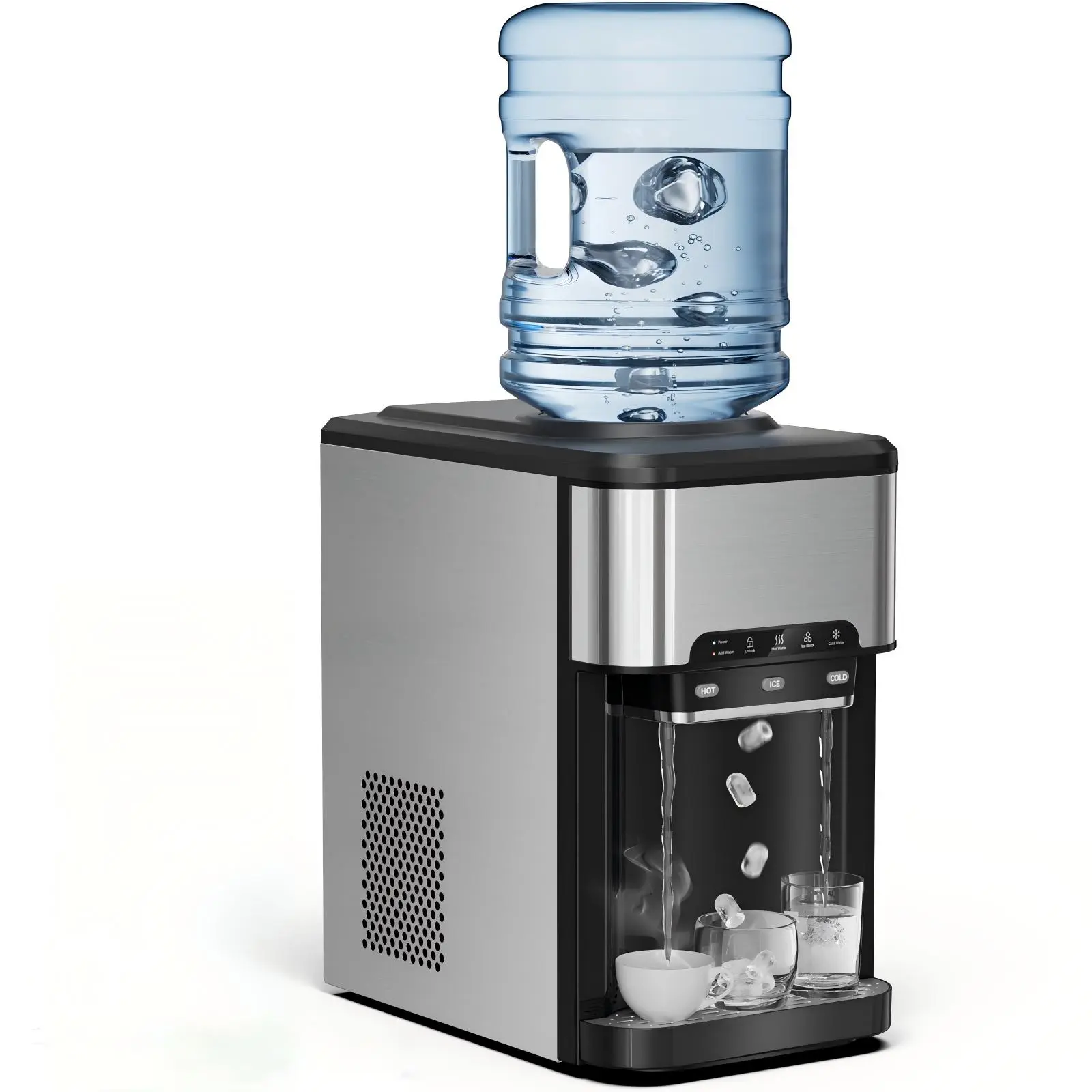 3-in-1 Top-Loading Countertop Water Cooler Dispenser with Bullet Ice Maker, Hot & Cold for 5-gal Jug, Night Light Ice Cubes, Stainless Steel Drip Tray & Water Jug Core for Home Kitchen Office