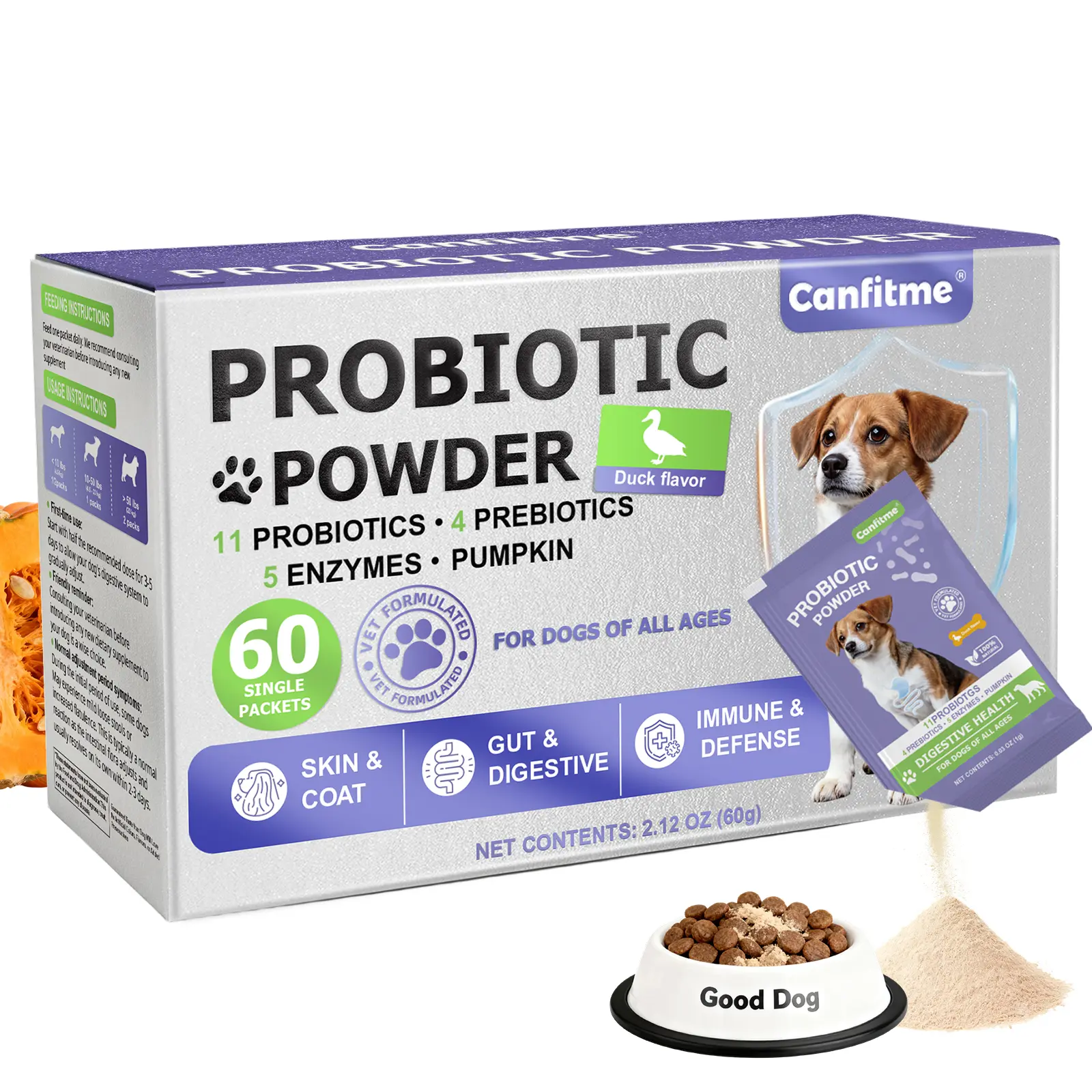 Nutridog Wow! Probiotic Powder for dogs with 11 probiotics & pumpkin to banish diarrhea & spark coat shine