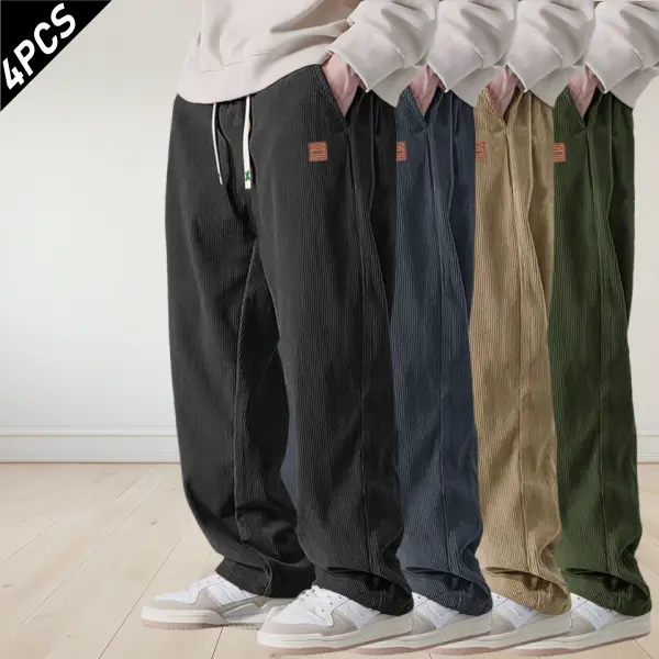Men’s Retro Corduroy Straight Wide Leg 4 Pack Casual Pants Autumn/Winter New, Drawstring Design, Soft Draping, Lightweight, Breathable, Comfy, Loose, Machine Washable, Ideal for Everyday Wear, Father’s Day Gift, Casual Men's Pants, Comfy Men's Pants summe