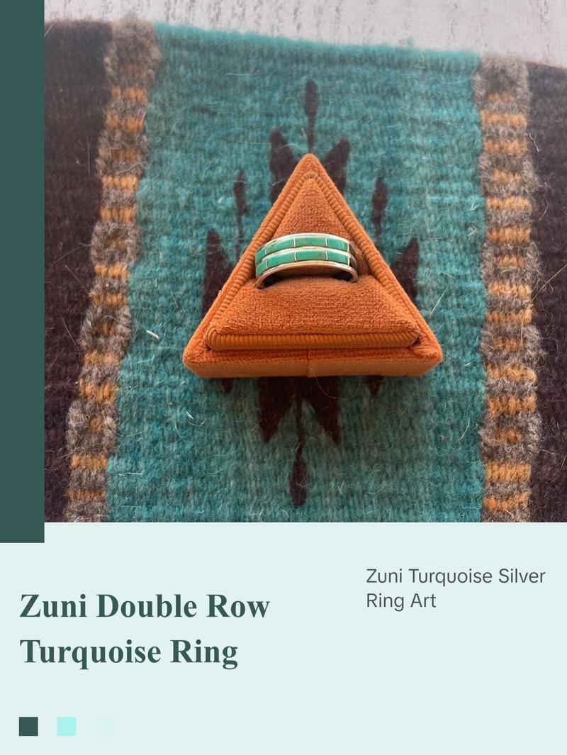 Zuni Double Row Green Turquoise 8 Stone Inlay Ring