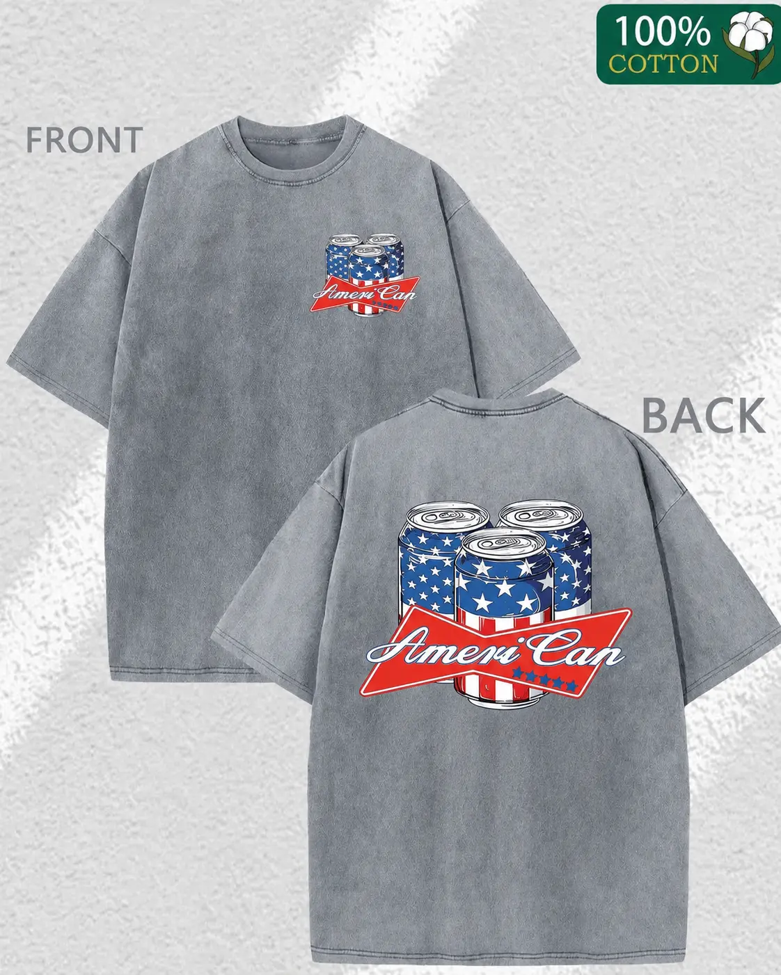 AmeriCan Men’s Vintage Washed Graphic Tee, American Flag Beer Can Double-Sided Print, 230G 100% Cotton Oversized Streetwear Shirt