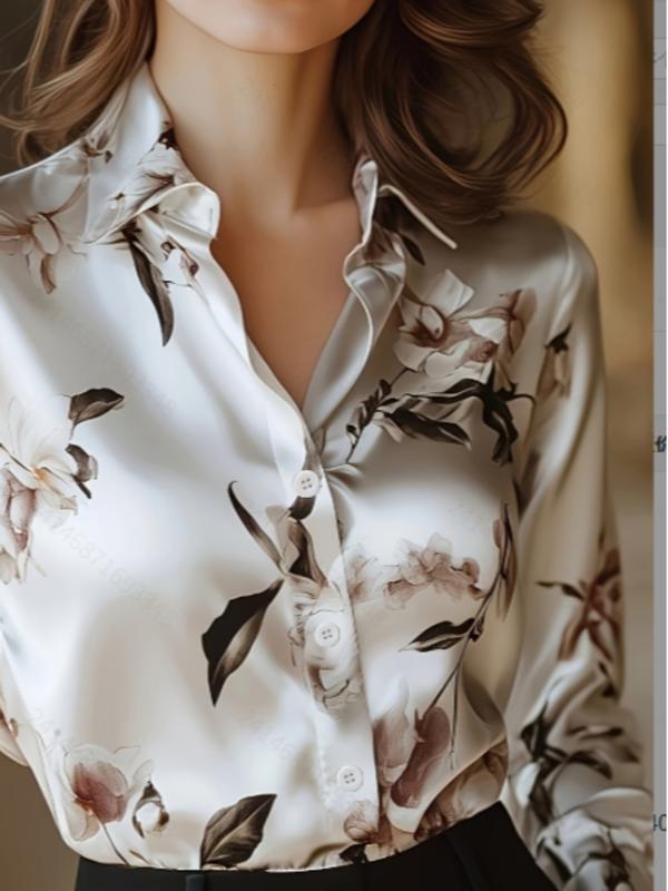 Women's Floral Print Satin Button Up Blouse, Elegant Long Sleeve Button Closure Top for Work Office Business, Ladies Clothes for All Seasons, Shirts