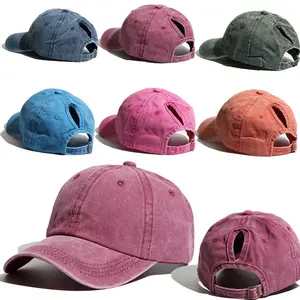 Washed Cotton Ponytail Baseball Cap for Women, Fashion Curved Brim Sun Hat for Outdoor Sports