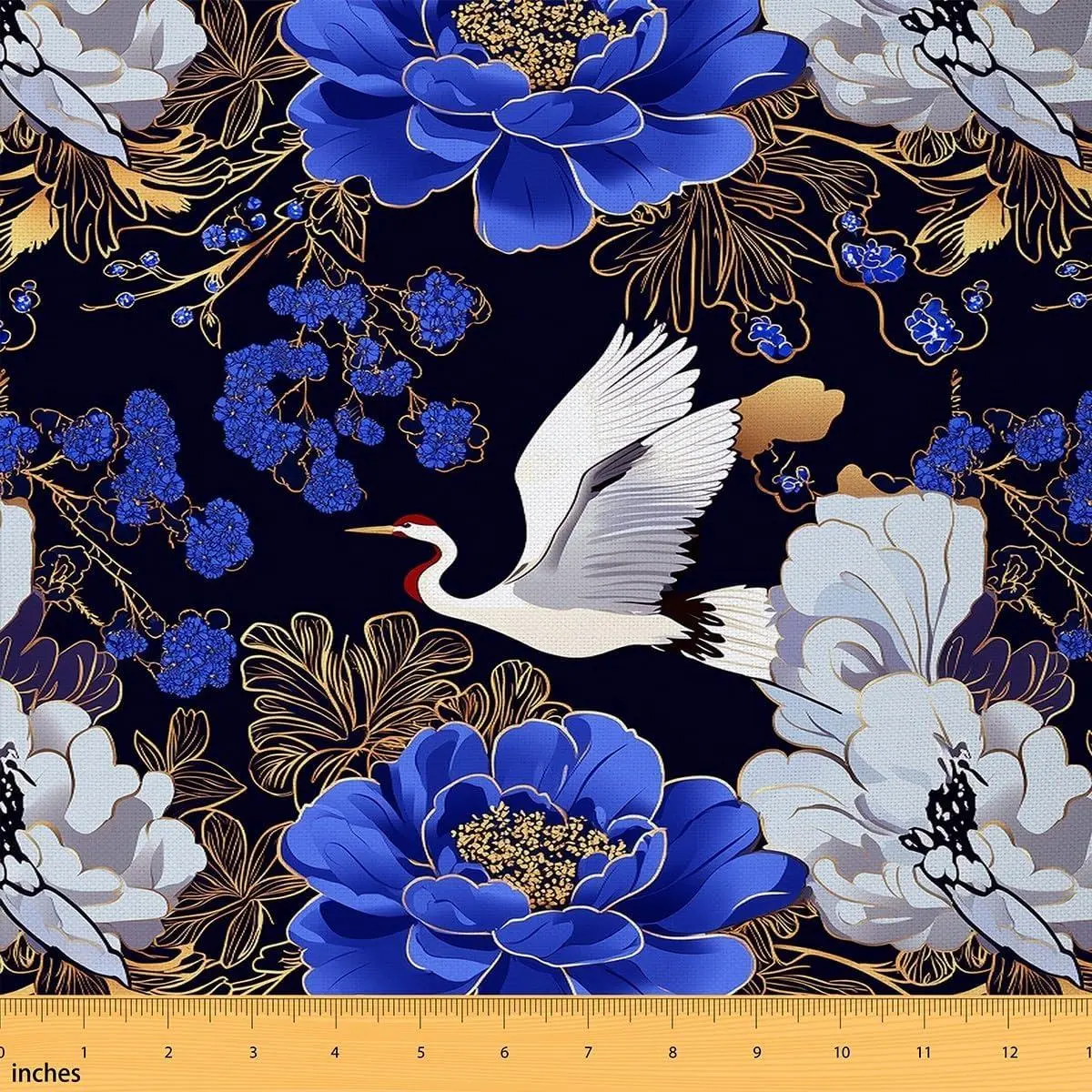 Blue Flowers Fabric Japanese Gradient Blooming Floral No Stretch Fabric Wild Crane Golden Sketch Plants Soft Flannel Polyester Fabric DIY Projects Pre-Cut