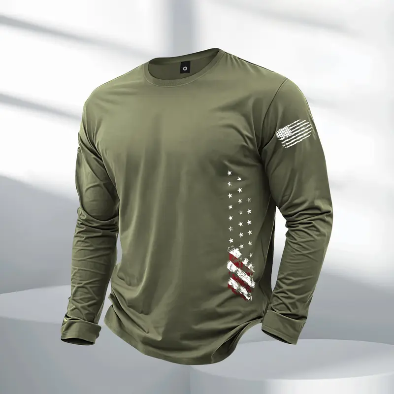 Men's Long Sleeve Crew Neck Fitted Graphic T-Shirt - American Street Flag Print, Gym Activewear, Outdoor Sports Top, Elegant Boyfriend Gift