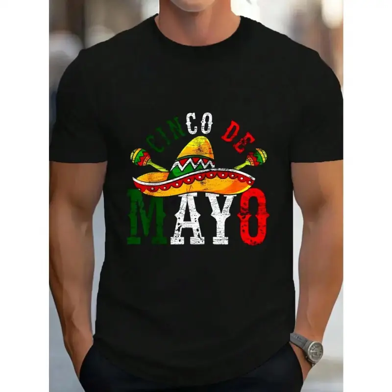 Men's Cotton 5 de Mayo Mexican Fiesta Graphic Tshirt - Shortsleeve, Round Neck Menswear Sports Outerwear for Summer Vacation, Casual Top