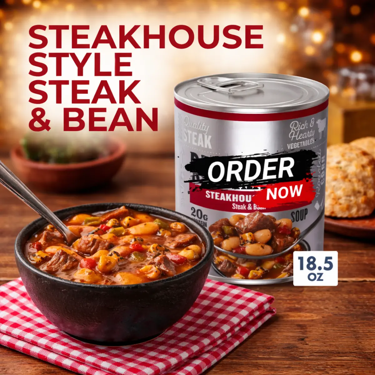 Hearty Steak & Bean Canned Soup – Savory Steakhouse Inspired Meal, Gluten Free Pantry Food, 18.5 oz