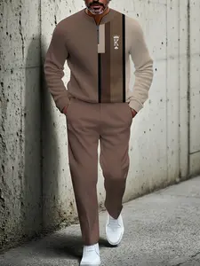 Men's Fashion New Retro Beige & Brown Block Semi-Cardigan Set with Crown Design Long-Sleeved Zipper for Autumn Winter Casual Formal Sportswear Set Ideal for Christmas Halloween Gifts