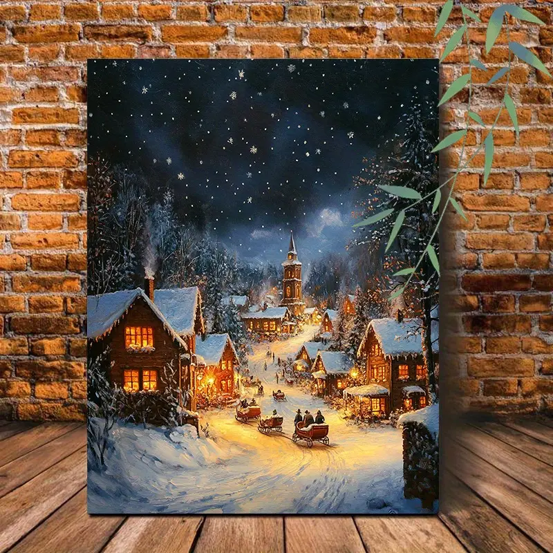 A Wooden Frame Canvas Winter Village Night Scene, Snow-Covered Houses Church Starry Sky Carriage Art Print Wall, Suitable for Bedroom Living Room Home Decoration Christmas Canvas Print Poster Picture, with Wooden Frame, Ready to Hang, Gift