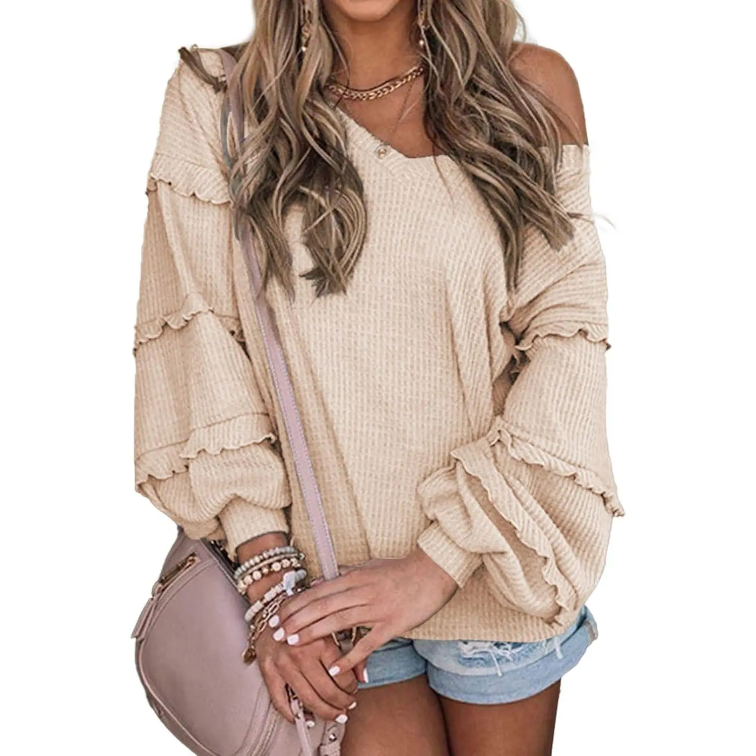 Women's V-Neck Long Sleeve Waffle Knit Blouse - Loose Fit Solid Color Tunic with Ruffles, Off-Shoulder, Puff Sleeves - Cute, Sexy, Chic Party Fall Top, Clothes, Outfits, School, Balloon, Style