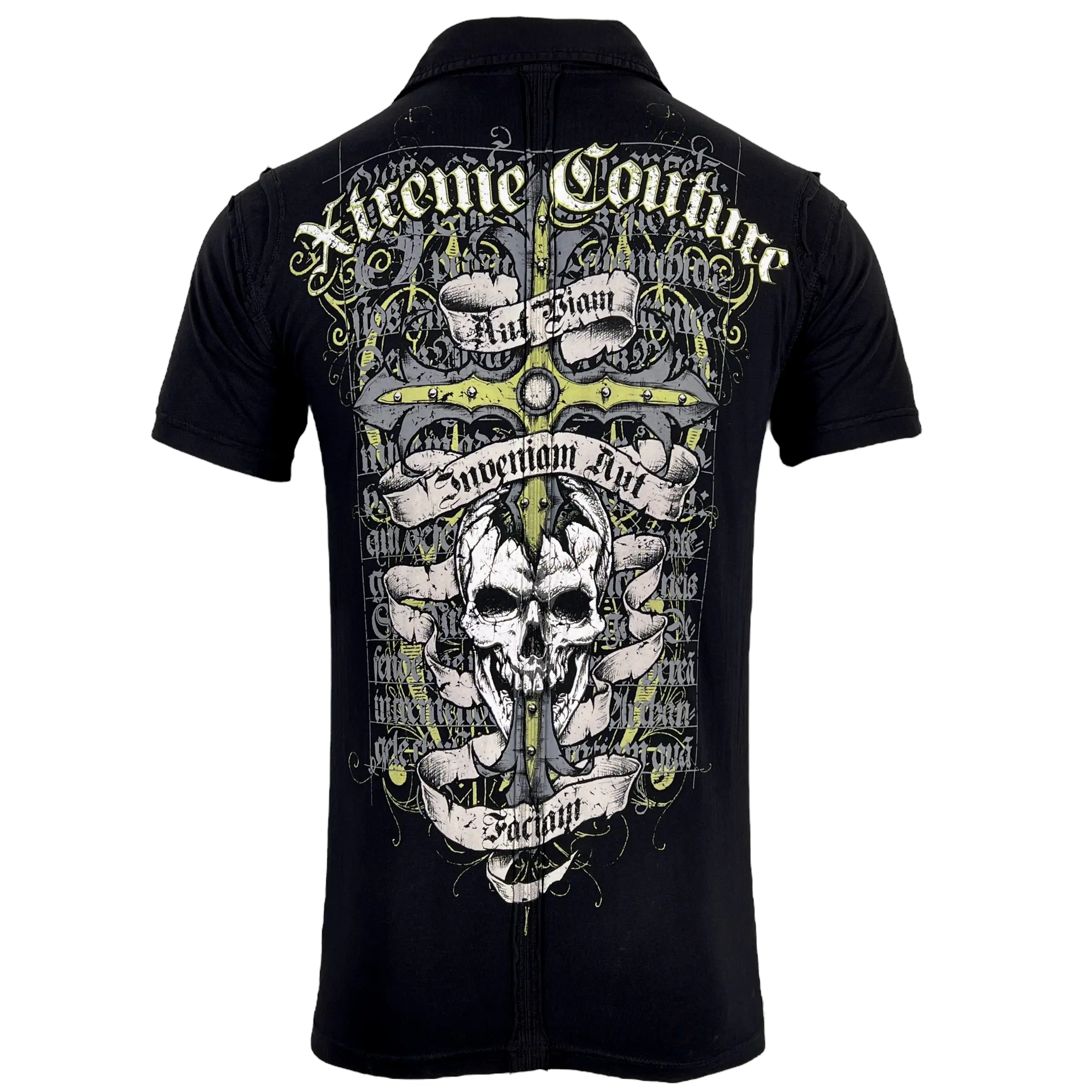 Xtreme Couture Men's Black Shirt - Pierced X427 Short-Sleeve Graphic Print Button-Up Top in 100% Cotton, Made in USA, Shortsleeve, Casual, All Season, Button Closure, Printed Front, Fashion, Refer To Sizing Chart