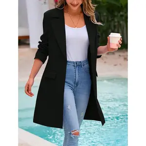 Women's Fall Long Blazer Jackets Long Sleeve Lapel Pockets Loose Fit Work Casual Blazers Outerwear Fabric Womenswear