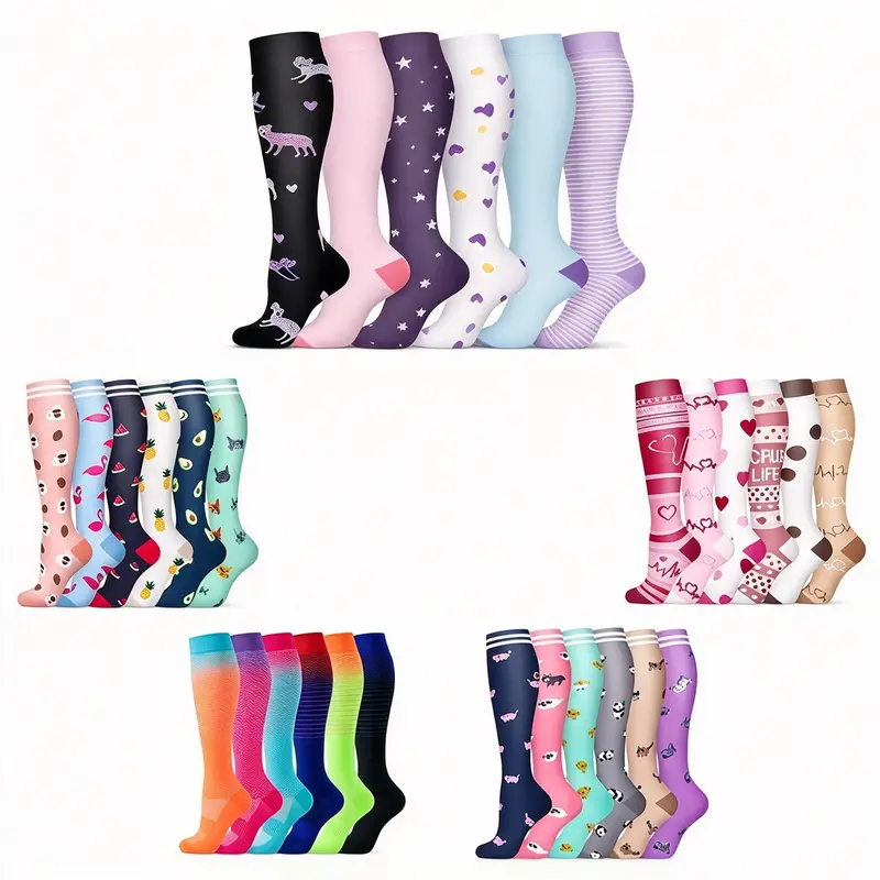 6 Pairs of Compression Socks for Running and Sports - Breathable Cotton Socks with Anti-Slipping and Friction Design - Christmas Day Socks