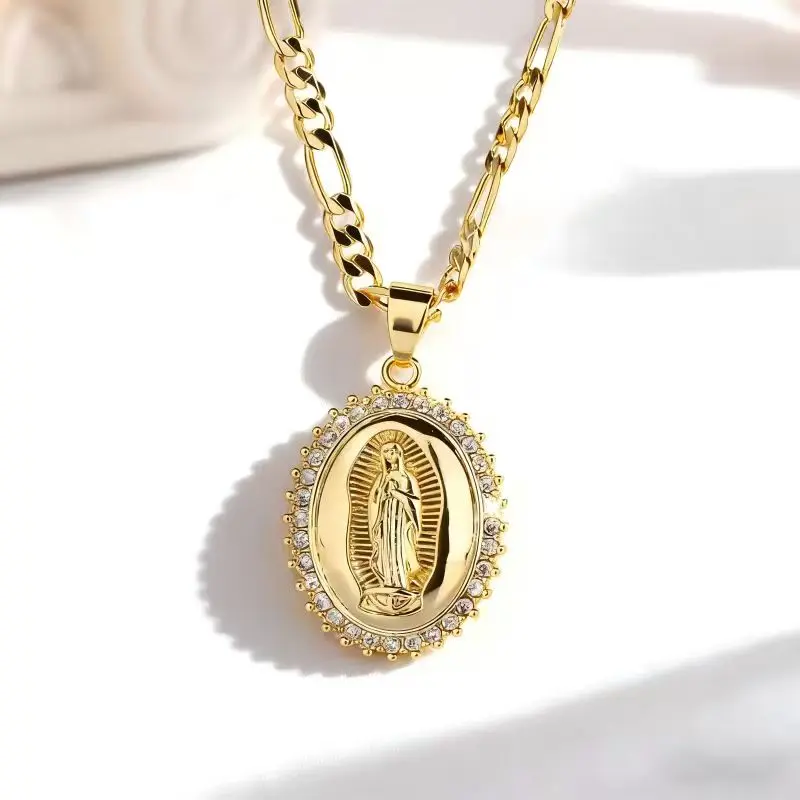 14K Gold Plated Elegant Virgin of Guadalupe Pendant Necklace with Durable Cubic Zirconia for Daily Wear Parties and Special Occasions Gold Chain