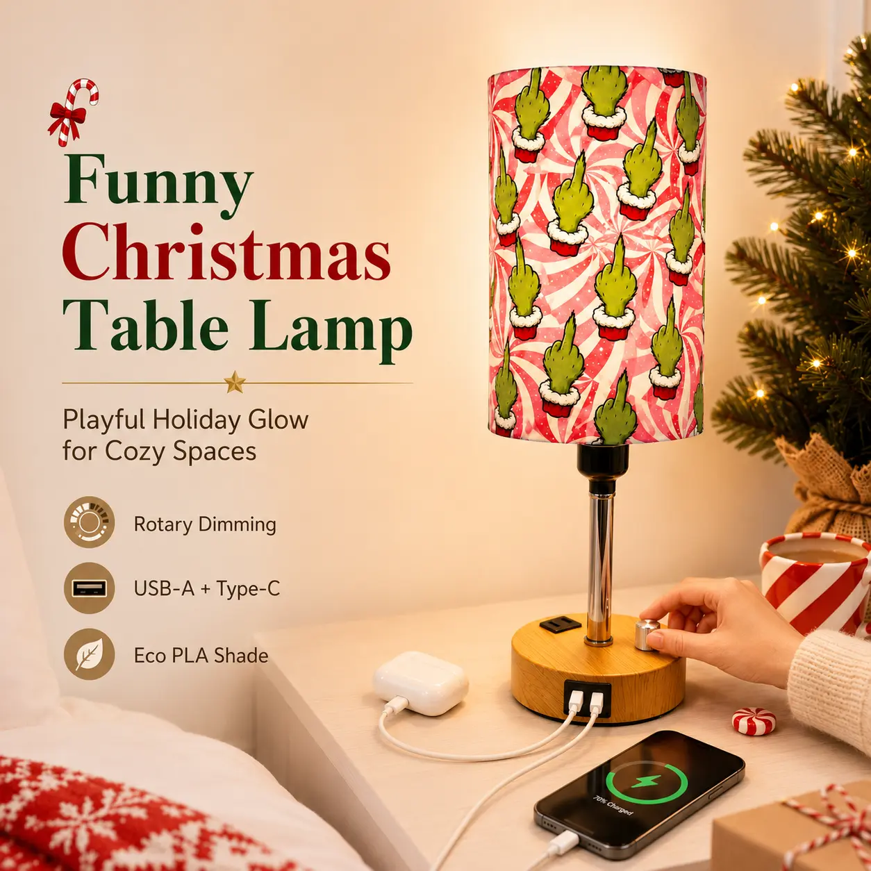 CXTVOVZSSY Funny Grinch Christmas PLA Table Lamp, Eco-Friendly Biodegradable Durable, Deformation-Resistant Shade, Rotary Stepless Dimming, Single Warm Light, Wooden Base, USB-A/Type-C Charging - Ideal Christmas Bedroom Gift