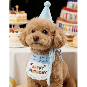 Pet Birthday Set/Dog Cat Party Hat/Set Pet birthday  set includes pom pom decorated hat and embroidered bib.Cute and festive design for cats and dogs.Perfect for birthday parties and photo props. Breathable Lightweight T-Shirt Spring Summer Pajamas