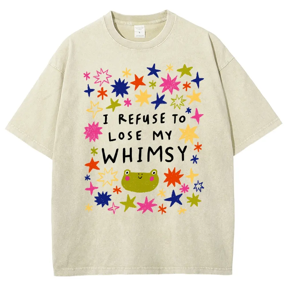 Men's "I Refuse To Lose My Whimsy" Cotton Streetwear Oversize Short-Sleeve Round Neck Washed Frog & Stars Graphic T-Shirt, Colorful Print, Gift For Creative Souls