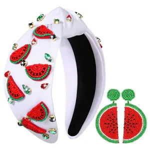 SQ-HDW109 Women's Tropical Fruit Rhinestone Crystal Wide Top Knot Hair Accessories - Vacation Outfits (Watermelon 2)