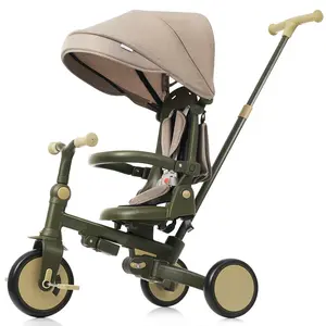 7 in 1 Baby Tricycle, Foldable Toddler Tricycle with Removable and Adjustable Parent Handle, Toddler Push Bike with Removable Pedal, Canopy, and Guardrail, Tricycle for 12-72 Months, Dark Green