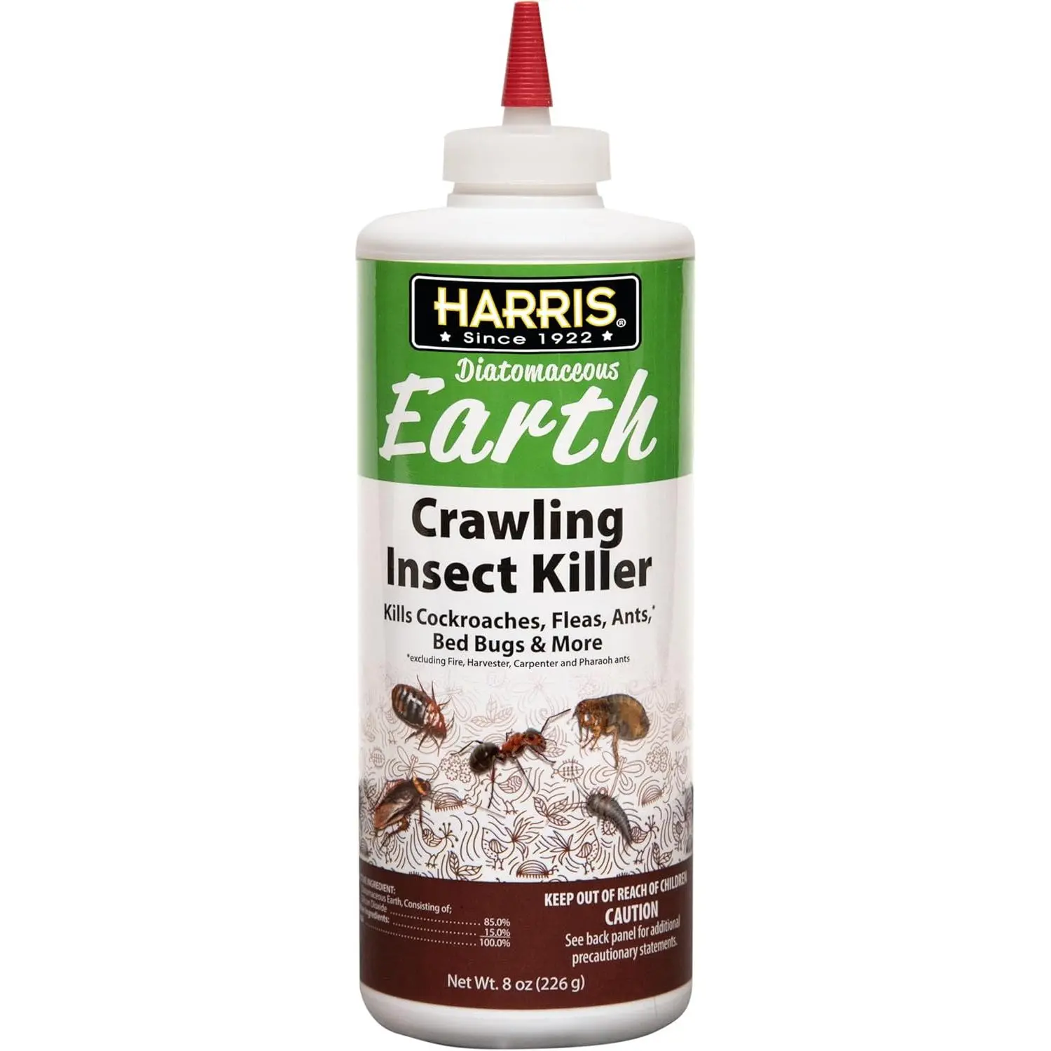 Harris 8 oz Diatomaceous Earth Crawling Insect Killer - 100% Natural Dust, Kills Pests Within 48 Hours, Indefinite Effectiveness - Indoor & Outdoor Control for Ants, Cockroaches, Bed Bugs, Fleas, Flies