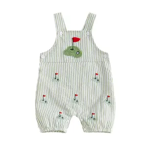Infant Baby Boy Jumpsuit Cute Golf/Sailboat/Baseball Embroidery Sleeveless Square Neck Striped Overall Pants