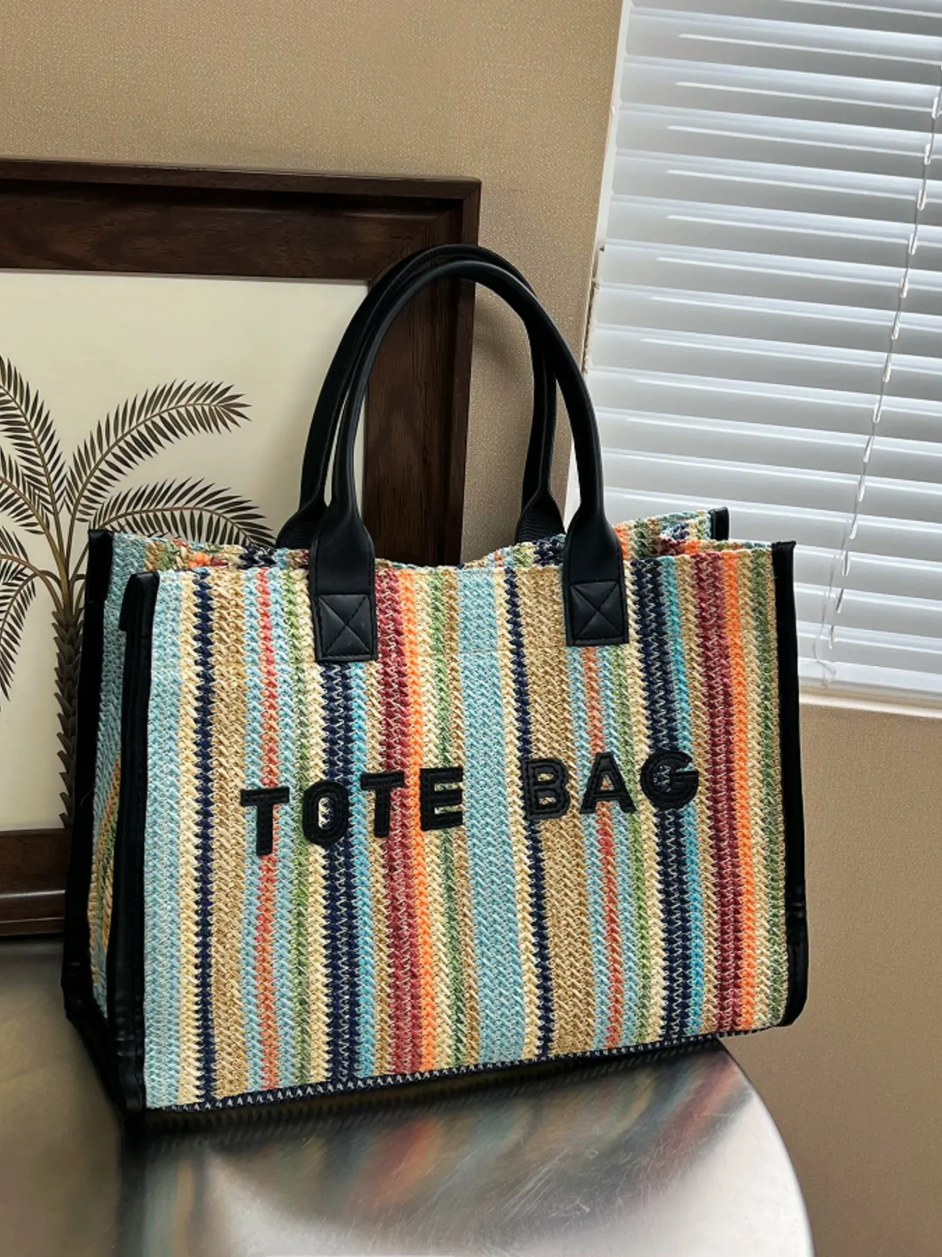 New minimalist rainbow striped letter-woven tote bag, fashionable casual lightweight large-capacity vacation commuting handbag Totes Bag