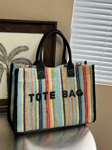 New minimalist rainbow striped letter-woven tote bag, fashionable casual lightweight large-capacity vacation commuting handbag, Fashion patterned bag