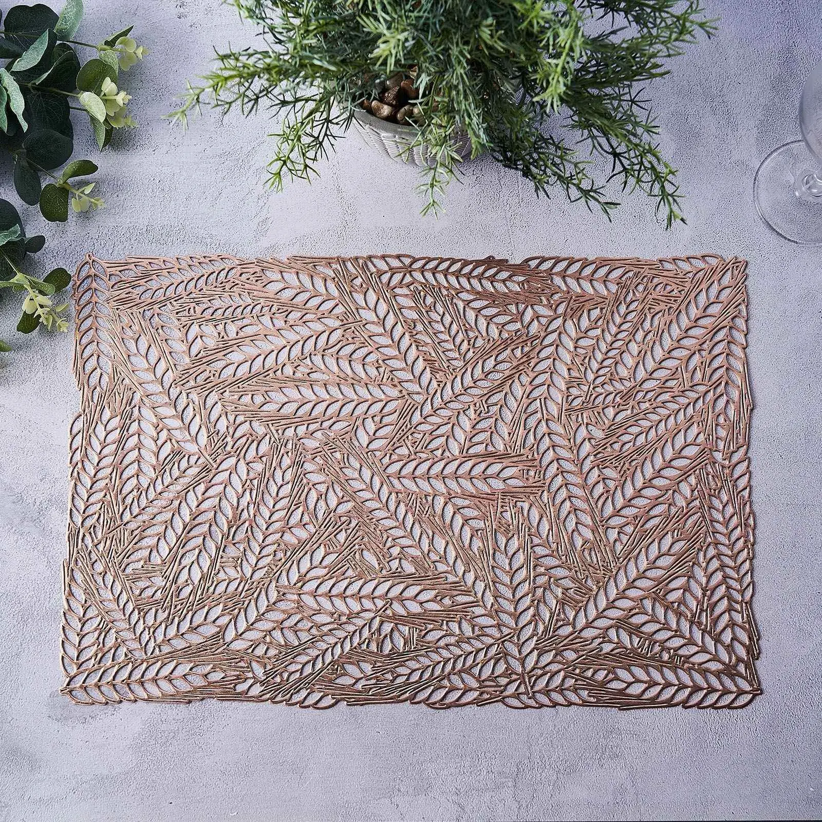 6-Pack Durable Vinyl Rectangle Placemats - 12"x18" Wheat Design Rose Gold, Non-Slip, Heat-Resistant, Metallic Surface Tableware, Modern Decor for Party, Wedding, Business Office, Protect Tables from Scratching