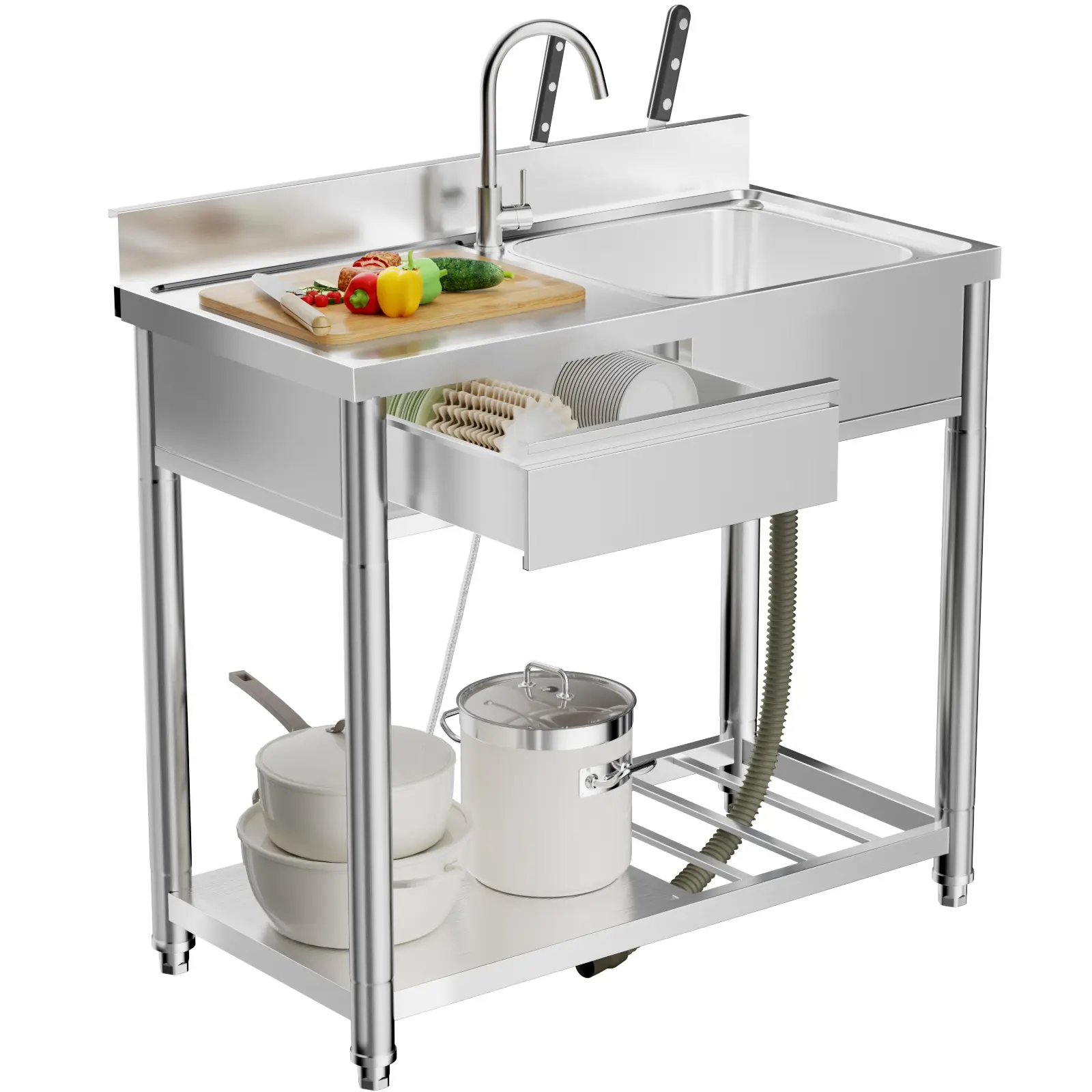 DONEXT 304 Stainless Steel Freestanding Outdoor Utility Sink Station, 39-in Prep Table with Stable Reinforced Frame, Convenient Built-In Left Storage Drawer, Durable Storage Shelf, 360-Full Rotation Hot Cold Faucet for Garden Patio