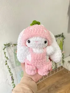 Crochet Bunny , amigurumi Bunny strawberry Crochet , Bunny in overalls handmade Gift , valentine’s day gift strawberry rabbit plush