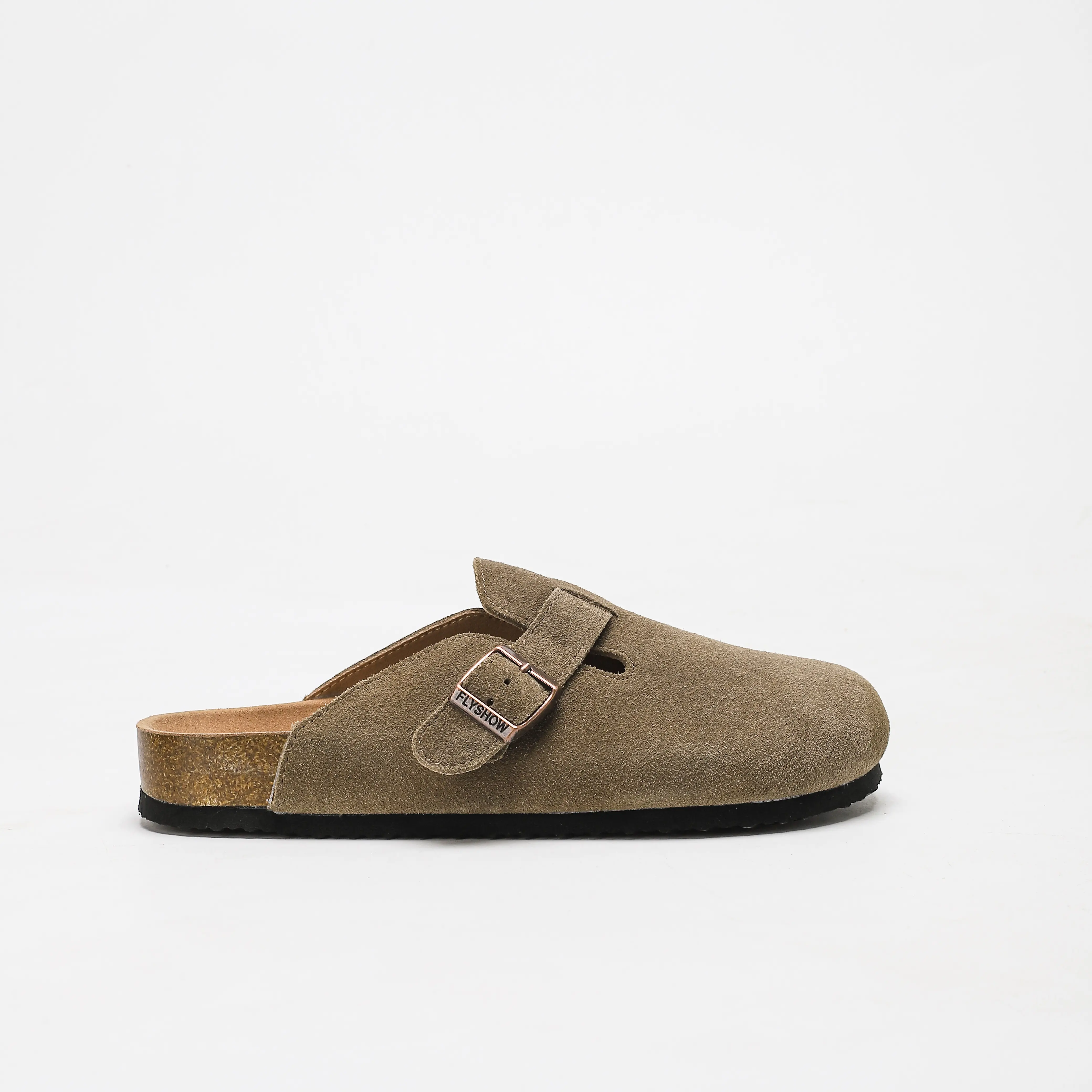 FLYSHOW Regular Wide Women Men Round Toe Cork Footbed Clogs with Adjustable Flat Buckle, Suede Texture, and Casual Outdoor Slip-On Design Walking Shoes Soft