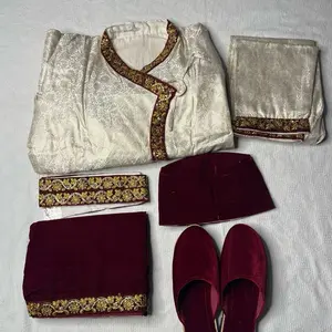 Nepalese Groom Wedding Dress Daura Surwal Set with Maroon Velvet Accents and Gold Embroidery